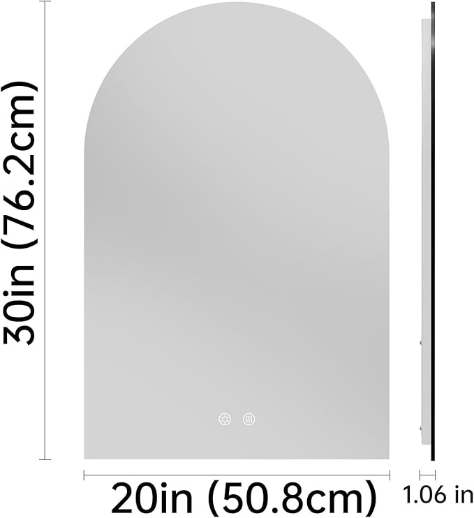 20"x30" Arched LED Lighted Bathroom Mirror with Lights | Fogless, Dimmable, Shatterproof, Touch Sensor, 3 Color Changing