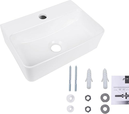 Wall Hung Bathroom Vessel Sink, QISHKA 14.5" X 10" Rectangular Floating Ceramic Wash Hand Basin White Wall Mount Vanity Sink for Small Bathroom and Small Cloakroom
