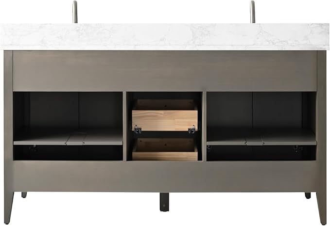 Vanity Art 60 inch Bathroom Vanity with Double Sink & Ceramic Top, Vanity Cabinet with Soft-Closing Door, Solid Wood Frame, Linear Pattern, Driftwood Gray, Golden Brushed Handware VA91360-DDG-GB