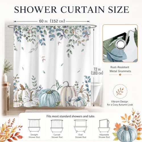 Blue Pumpkin Shower Curtain, 60 x 72 Inch Watercolor White Pumpkin Eucalyptus Bathroom Curtain, Fall Farmhouse Bath Curtain for Tub Shower Decor, Multiple Sizes