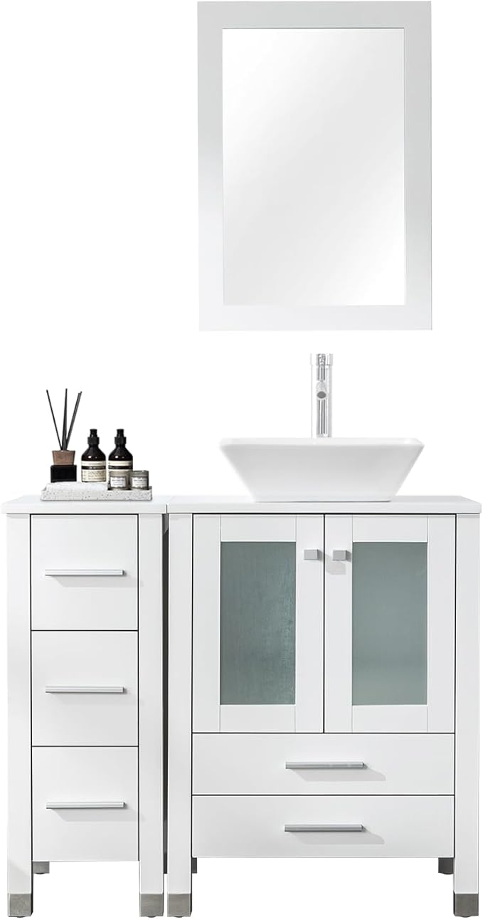 LUCKWIND 36" Bathroom Vanity with Sink Combo, 24-inch Main Cabinet with 12.6-inch Side Cabinet, Painted Bathroom Storage Cabinet with 5 Drawers, Including White Square Sink Without Mirror, White