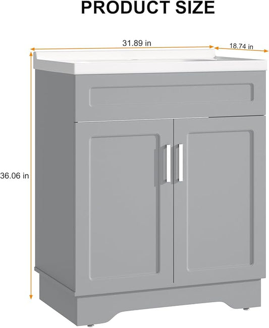 Bathroom Vanity with Ceramic Sink, Bathroom Vanity Cabinet with 2 Doors, 32 Inches Wooden Cabinet with Sink, Grey