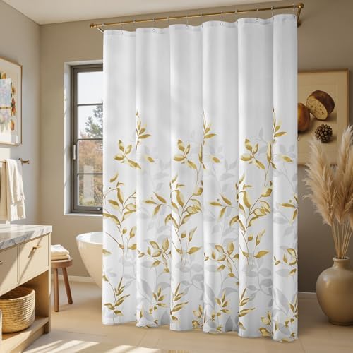 HOMEIDEAS Gold Botanical Shower Curtain 72×72 Inches