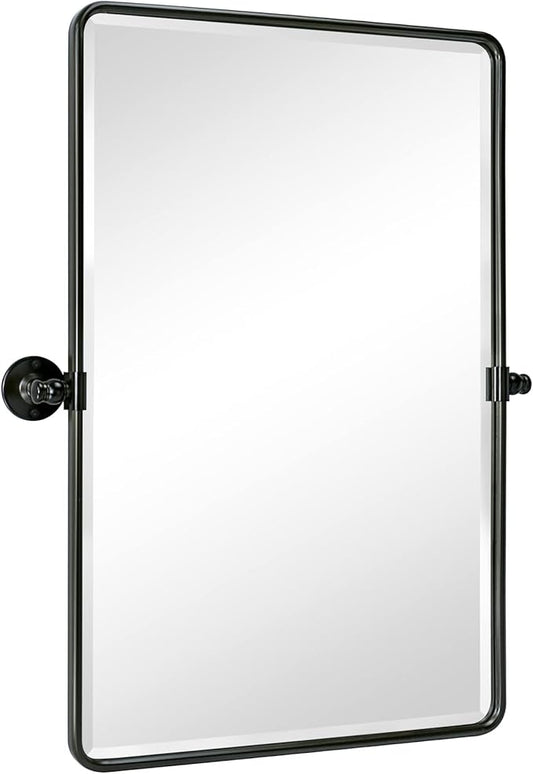 Farmhouse Pivot Rectangle Bathroom Mirror Oil Rubbed Bronze Metal Framed Tilting Beveled Vanity Mirrors for Wall, Overall 23.91 x 30 inches (Mirrror 20 x 30 inches)