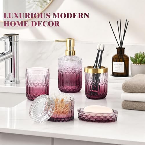 Bathroom Accessories Set, 5Pcs Bathroom Soap Dispenser Set, Glass Bathroom Accessories with Glass Soap Dispenser, Soap Dish, Toothbrush Holder, Tumbler, Cotton Swab Jar (Clear & Red)
