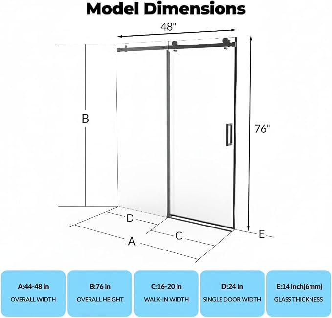 44-48" W x 76" H Frameless Sliding Shower Door, 1/4" (6mm) Tempered Glass with Explosion-Proof Film, Matte Black Stainless Steel Track & 55mm Rollers, Bypass Bathroom Door