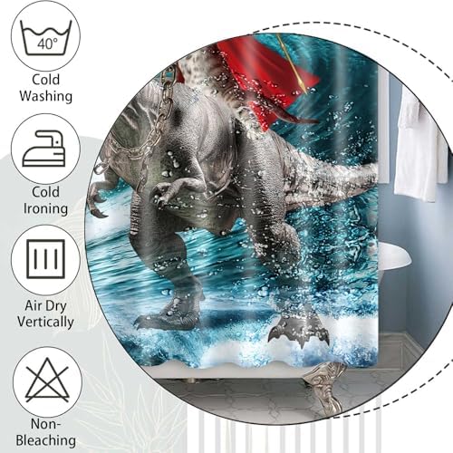 Funny Cat Riding Dinosaur Shower Curtain - Japanese Ocean Wave Design, Nautical Kids Children Rustic Wooden Farmhouse Style, Blue, 54x72 Inch