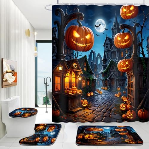 Yddsky 4PCS Halloween Street Shower Curtain Sets for Bathroom,72x72 Inch