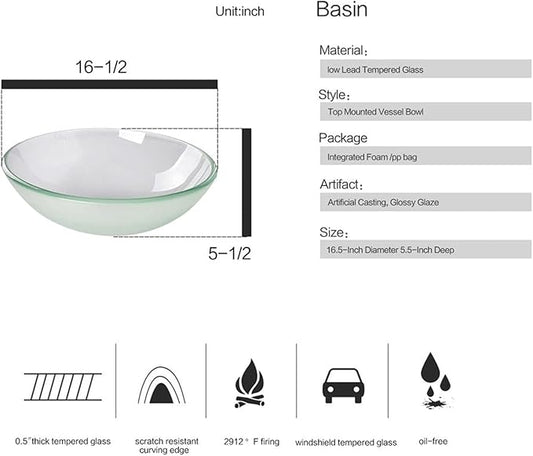 Bathroom Vessel Sink, Tempered Glass Vanity Round Bowl with Chrome Faucet and Pop up drain Set, Frosted