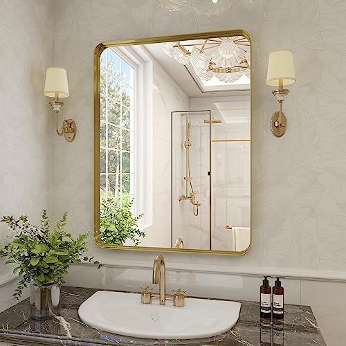 VooBang Bathroom Mirror 30x40 inch, Gold Gorgeous Deep Frame Wall Mirror, Modern Round Corner Bathroom Vanity Mirror for Bedroom, Living Room, Hanging or Leaning Horizontal or Vertical, Gold