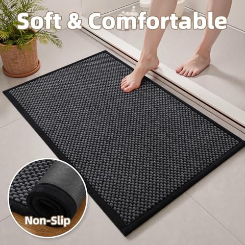 PADOOR-Bath Mat-Super Absorbent Chenille Bathroom Mats-Rubber Backed Bath Mats for Bathroom Non Slip, Easy Clean Bathroom Rugs Front of Bathtub,Shower Room,Sink-17×35, Darkgrey&Black