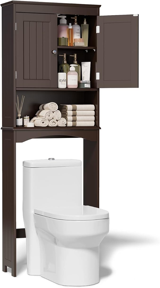 Gizoon Over the Toilet Storage Cabinet with Adjustable Shelf, Espresso | Bathroom Space Saver Organizer Above Toilet with Open Shelf and Double Doors, Taller Wooden Free Standing Toilet Rack