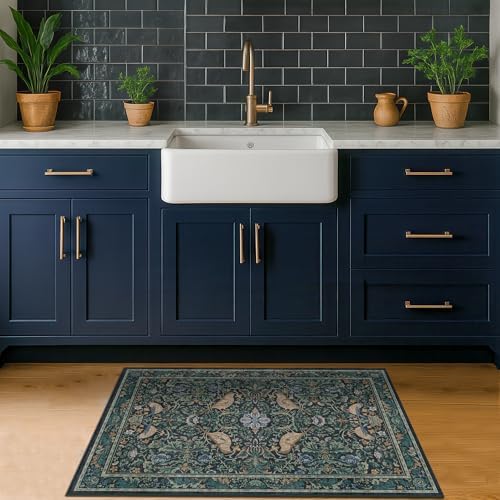Hazo Haus Washable Floral Small 2x4 Thin Door Mats for Inside Entry, Dark Blue Bird Non Slip Kitchen Rug, Low Pile Bathroom Rug, Traditional Carprt for Bedroom Besdide Bed