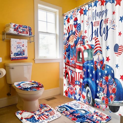FuWeave 8 Pcs 4th of July Shower Curtain Set, Patriotic Gnome & Truck Bathroom Decor, 250th Anniversary White Red Blue American Flag, Includes Towels, Non-Slip Rugs, Toilet Lid Cover & 12 Hooks
