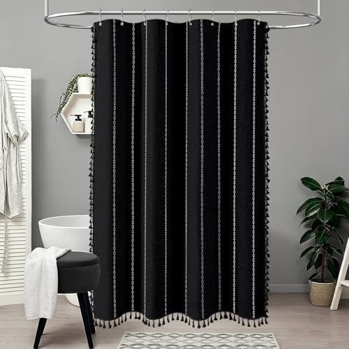BTTN 54 x 72 Boho Linen Heavy Duty Cloth Shower Curtain Set, Black White