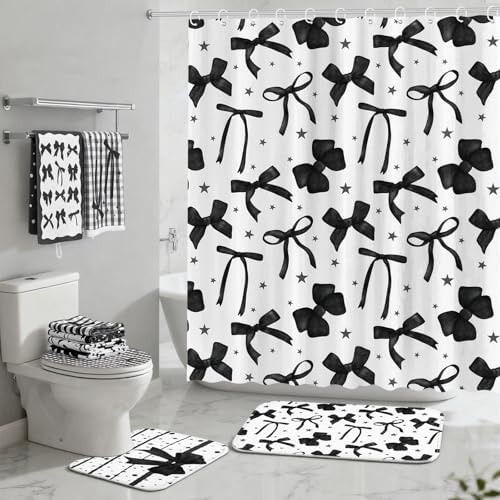 FuWeave 8 Pcs Black Shower Curtain Set Aesthetic Bow Knot Bathroom Decor Pretty Coquette Waterproof Shower Curtain Modern Minimalist Towels Non Slip Rug Toilet Lid Cover Bath Mat with 12 Hooks