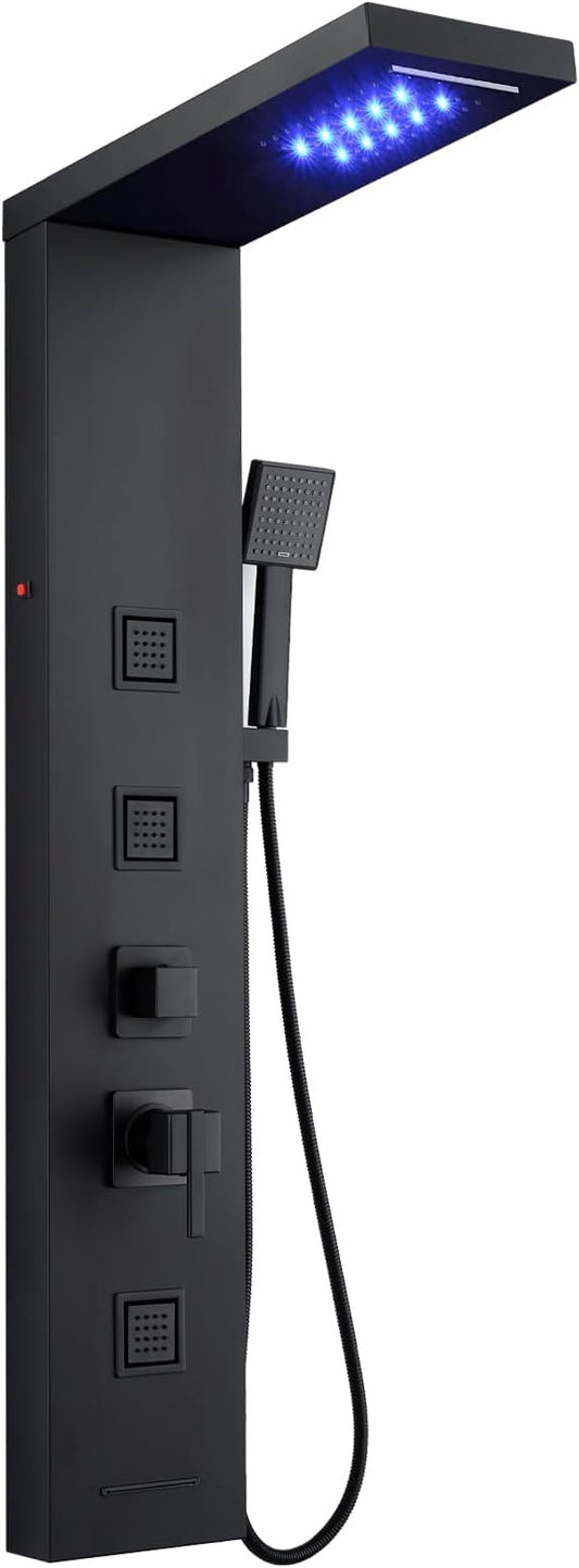 5-in-1 LED Shower Panel Tower System Stainless Steel Matte Black | Rainfall + waterfall heads | Body jets | Handheld shower | Tub spout | LED lights | Wall mount