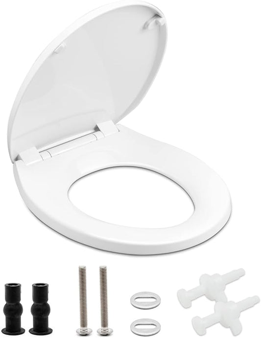 Toilet seat Round with Slow Close Hinges, Four Bumpers, Two Sets of Parts, White Toilet seat Round, Slow Close, Never Loosen and Easily Remove, Plastic, White