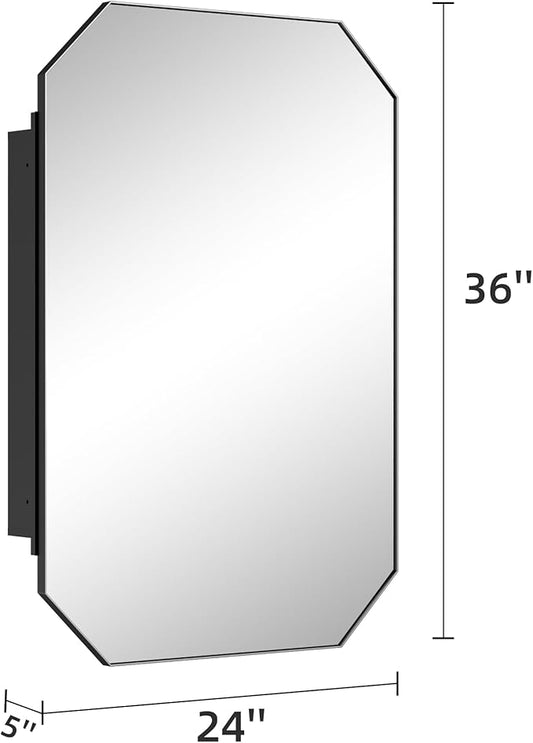 Casaphoria 36" H x 24" W Octagon Bathroom Medicine Cabinet with Mirror, Metal Frame Wall Medicine Cabinets Mirrors, Black K