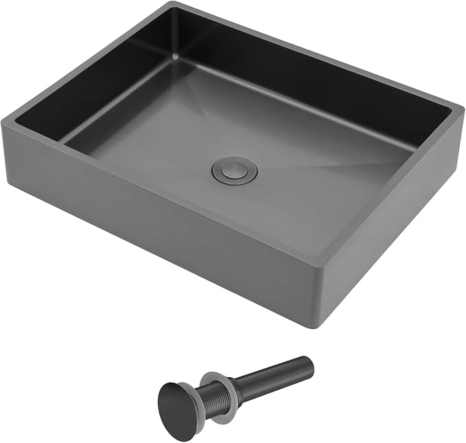 Dcolora 19 In. Black Drop In Bathroom Vessel Sink, 16 Gauge Stainless Steel, Rectangle Design with Drain Assembly, 15"D x 19"W x 4"H #DC-VS261203