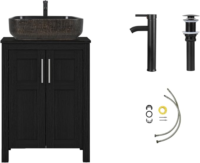 YOURLITE 24" Bathroom Vanity with Sink, Black Bathroom Vanity and Sink Combo with Faucet & Pop Up Drain Set,Traditional Vanity with with Black & Gold Ceramic Sink