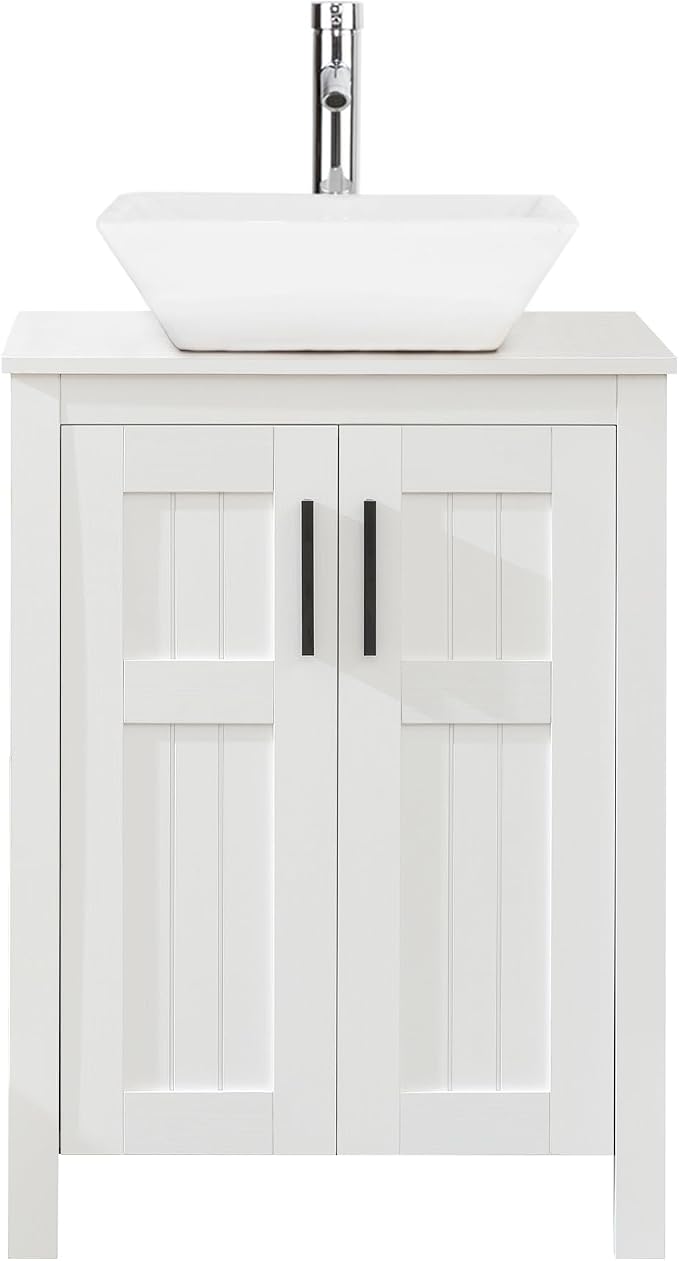 White 24" Bathroom Vanity with Sink Combo,Modern Vanity with Vessel Sink,Stylish Bathroom Vanity Cabinet,Grooved Doors & Metal Handles,Modern White Square Bowl Ceramic Vessel Sink(A07)