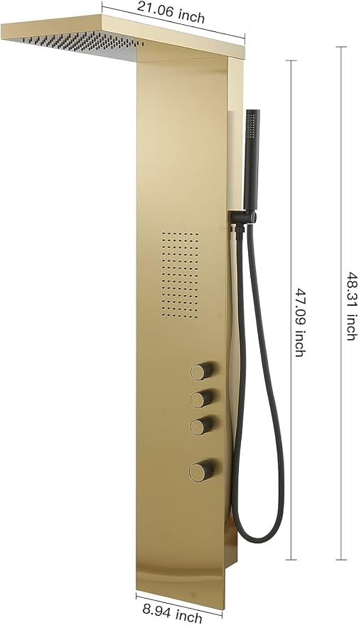 Shower Panel Tower System, Brushed Gold | Stainless Steel, Multifunction Shower Tower System, Bathroom Rainfall Shower Head Hand Shower and Large Area Body Spray