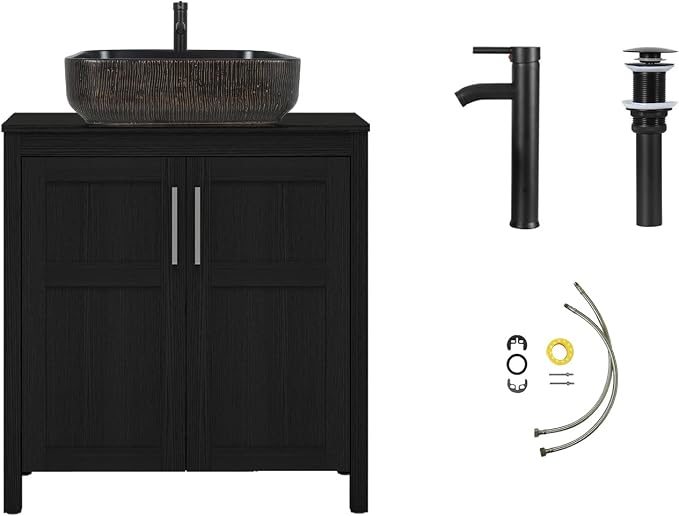YOURLITE 30" Bathroom Vanity with Sink, Black Bathroom Vanity and Sink Combo with Faucet & Pop Up Drain Set,Traditional Vanity with with Black & Gold Ceramic Sink