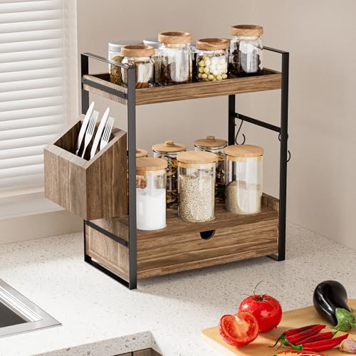 2-Tier Bathroom Counter Organizer, Wooden Vanity Shelf with Drawer & Basket