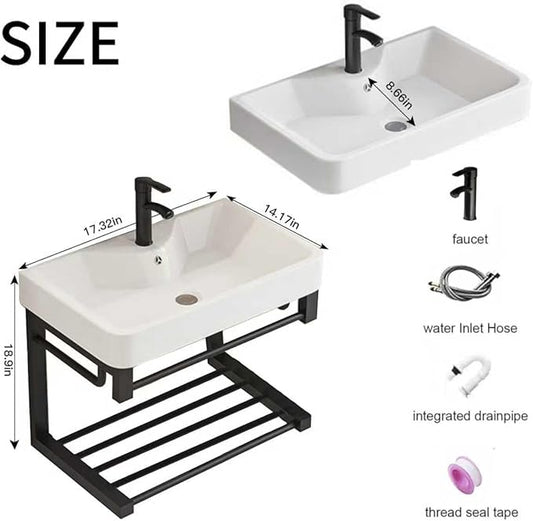 Floating wall-Mounted Bathroom 17-inch Vanity with Ceramic washbasin, Open Shelf, and Black mini Small Bathroom Vanity