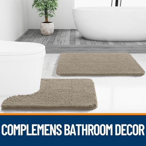 OLANLY Chenille Bathroom Rugs Mats Set 2 Piece, 47"x20"+24"x20", Warm Taupe