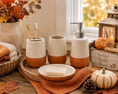4 Piece Ceramic Bathroom Accessories Set, Soap Dispenser, Toothbrush Holder, Tumbler and Soap Dish, Speckled White & Terracotta Bathroom Counter Set, Modern Boho Farmhouse Decor 2. Product Description