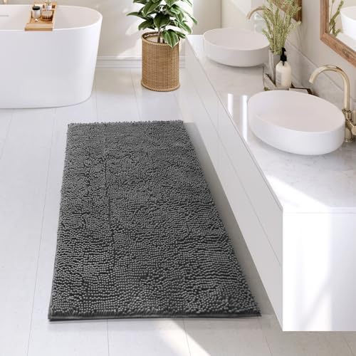 Hearth & Harbor Bathroom Rugs, Chenille Bath Mat - Machine Washable Bath Mats for Bathroom Non-Slip Backing Rubber, Quick Dry Mat - 26x44 - Dark Gray