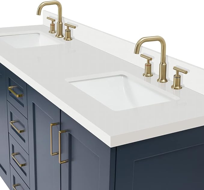 DKB Emilia 72 Inch Bathroom Vanity Double Sink — Midnight Blue Bathroom Vanity with Sink, 1.5" Edge Pure White Quartz Countertop & Backsplash, 4 Soft-Close Doors, and 6 Dovetail Drawers