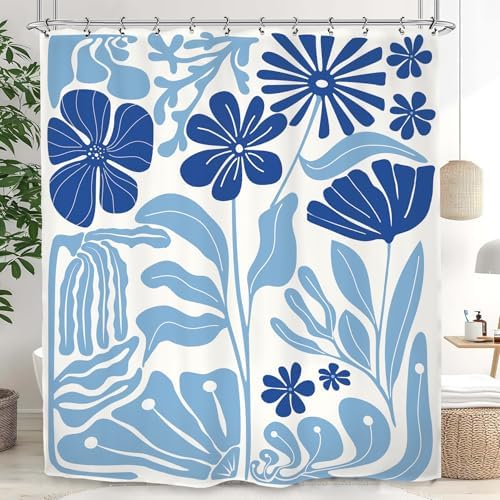 Abstract Blue Matisse Flower Shower Curtain 60Wx72L Inch Retro Vintage Aesthetic Minimalist Cute Art 70s Trendy Modern Bathroom Set Accessories Decor with 12 Pack Hooks