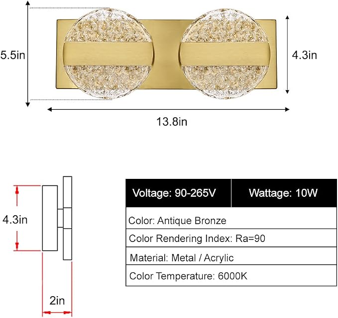 Luxury Brushed Gold Bathroom Vanity Light with High CRI 90+ LED for True Colors, 10W 6000K Cool White Modern Bathroom Lights Fixture Over Mirror for Makeup & Shaving