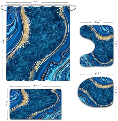 Gibelle 4 Pcs Luxury Marble Shower Curtain Set with Non-Slip Rugs, Toilet Lid Cover and Bath Mat, Gold Foil Blue Bathroom Decor Set with Shower Curtain and Rugs and Accessories
