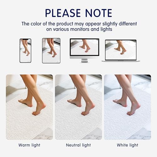 SUBRTEX Bathroom Rugs, 24" x 44" Chenille Bath Rug Soft Short Plush Bath Mat Soft Shower Mat Water Absorbent Shower Mat Quick Dry Machine Washable, White