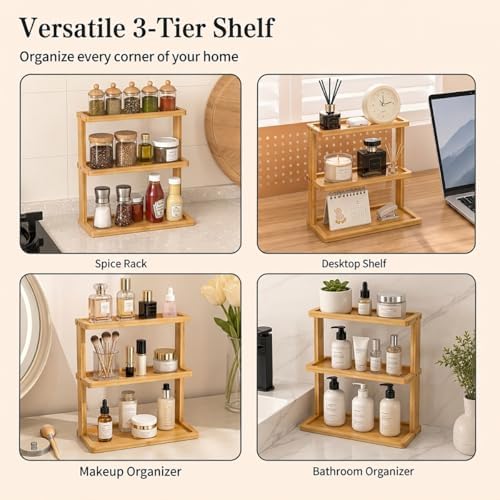 PEKER Bamboo Bathroom Organizer Countertop โ Vanity Storage Shelf for Makeup, Perfume, Skincare โ Natural Cosmetics Display Rack for Dresser, Sink, Kitchen โ Natural