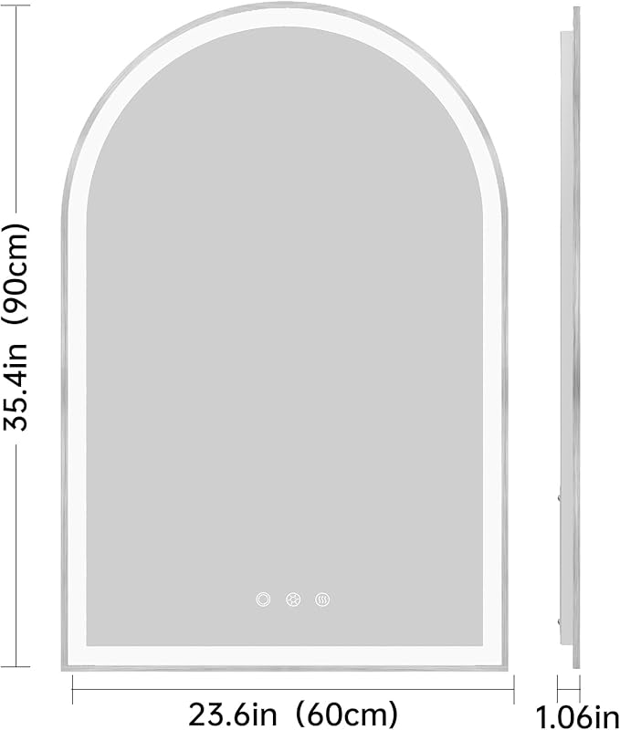24"x36" Arched LED Lighted Bathroom Mirror with Lights | Silver Aluminum Frame, Fogless, Dimmable, Shatterproof, Touch Sensor, 3 Color Changing
