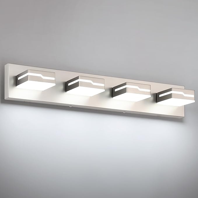 LED Modern Bathroom Vanity Light Fixtures 4-Light, 25.5 inch Dimmable Nickel Vanity Lights for Bathroom Lighting Fixtures Over Mirror, with 350°Rotatable Acrylic Heads(White Light 5500K)