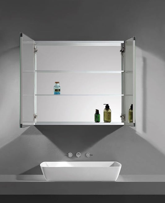 Sunrosa Aluminum Bathroom Medicine Cabinet with Mirror Door, 36"27.5" Wall-mountable and Recessed-in Cabinet, 2 Asymmetrical Doors Organizer