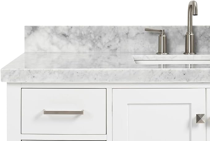 Beckford 48-Inch Bathroom Vanity with Sink — White Single Sink Bathroom Vanity, 1.5" Edge Italian Carrara Marble Top, Solid Wood, 2 Soft-Close Doors, 9 Dovetail Drawers