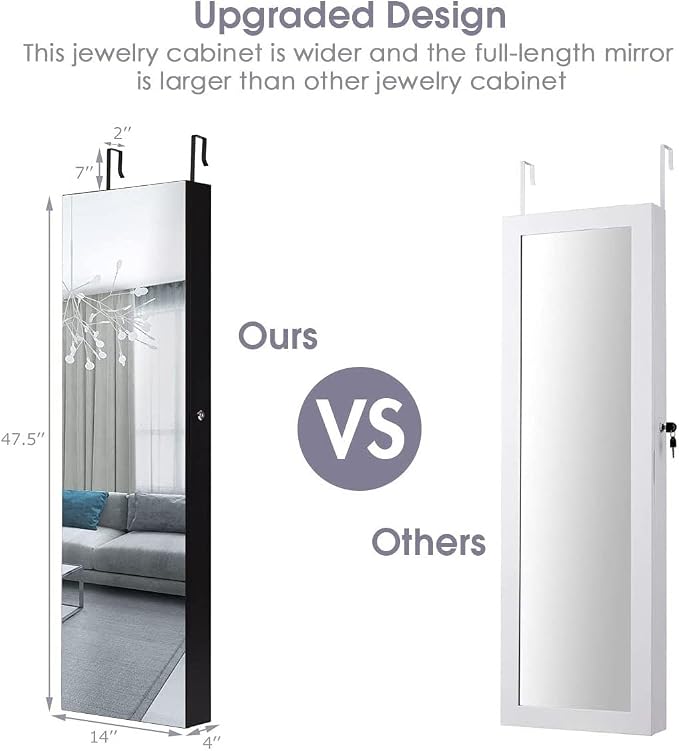 Byroce 47.5''H Jewelry Armoire, Over the Door/Wall Mounted, Full Length Mirror with Jewelry Storage, 2-LED Lockable Jewelry Cabinet with 2 Drawers, Hanging Jewelry Organizer for Bedroom (Black)