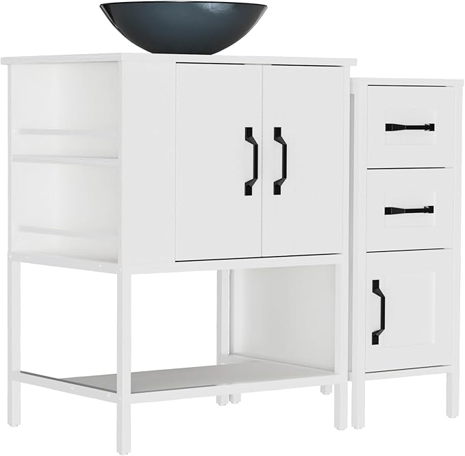 VNN Bathroom Vanity with Sink - 36 Inch Bathroom Vanity with Sink, Open Shelves and 3 Storage Drawers Side Cabinet, Modern Iron Wood Cabinet with Countertop Tempered Glass Vessel, White