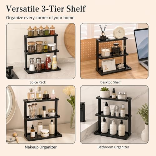 PEKER Bamboo Bathroom Organizer Countertop โ Vanity Storage Shelf for Makeup, Perfume, Skincare โ Natural Cosmetics Display Rack for Dresser, Sink, Kitchen โ Black