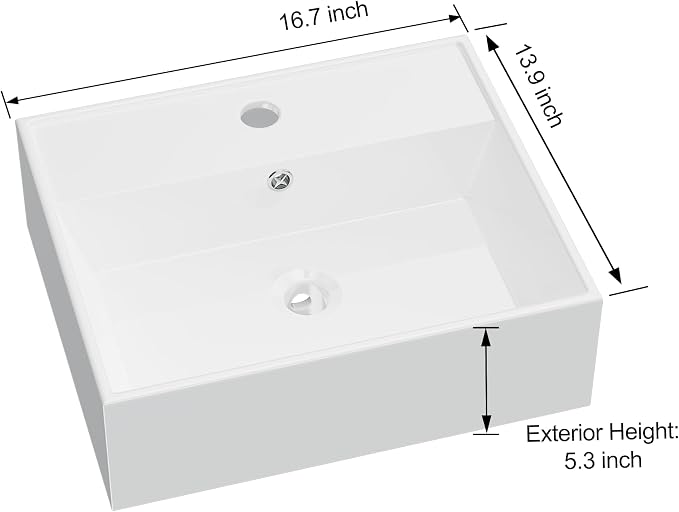 Floating Bathroom Vessel Sink Wall Mount, Hugsleek 16 x 13 inch Rectangle White Porcelain Ceramic Vessel Sink Wall Mounted Hang Bath Sink Bowl Basin Lavatory Vanity Restroom With Faucet Hole Overflow