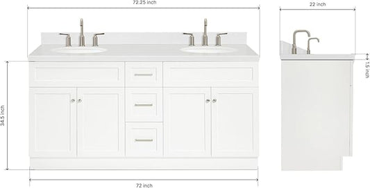 ARIEL Hamlet 72" Double White Bathroom Vanity, 1.5" Edge Carrara Quartz Countertop & Splash, Oval Sinks, 4 Soft Closing Doors, 3 Full Extension Dovetail Drawers, Toe Kick, Brushed Nickel