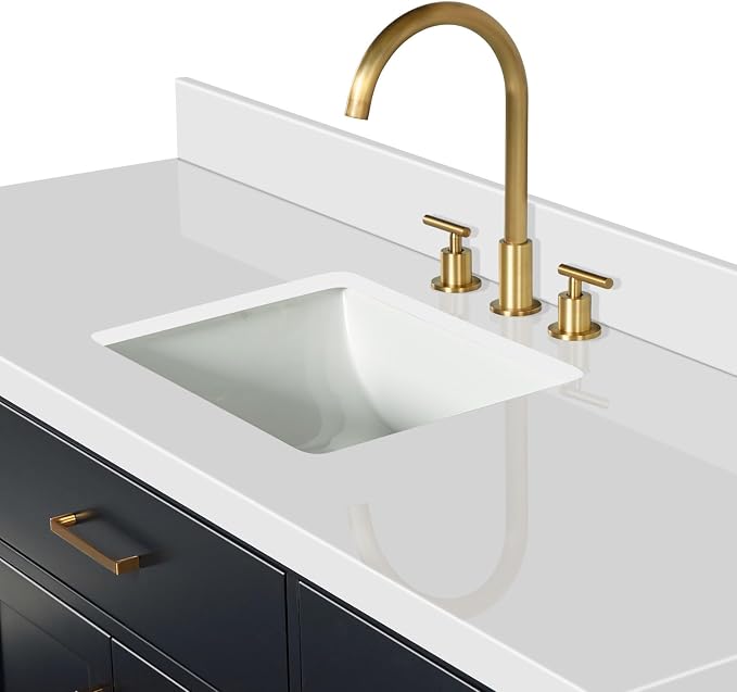 ARIEL Hepburn 60-inch Bathroom Vanity with Sink,Solid Wood, 1.5-inch Pure White Quartz Countertop & Backsplash, Single Rectangular Porcelain Sink, 2 Soft Closing Doors, 9 Dovetail Drawers, Black