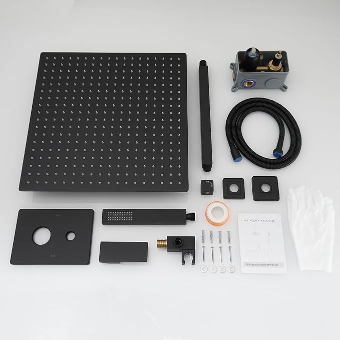 Matte Black Shower System Bathroom 16 Inch Rain Shower Head Ceiling Mount with Handheld Luxury High Pressure Shower Combo Set Shower Faucet Rough-in Valve Body and Trim Kit